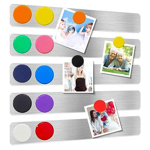 Magnetic Bulletin Strips 5PCS Self Adhesive Frameless Stainless Iron Bulletin Board Bar with 10 Magnetic Buttons for Memo Photo Notes Office School Home