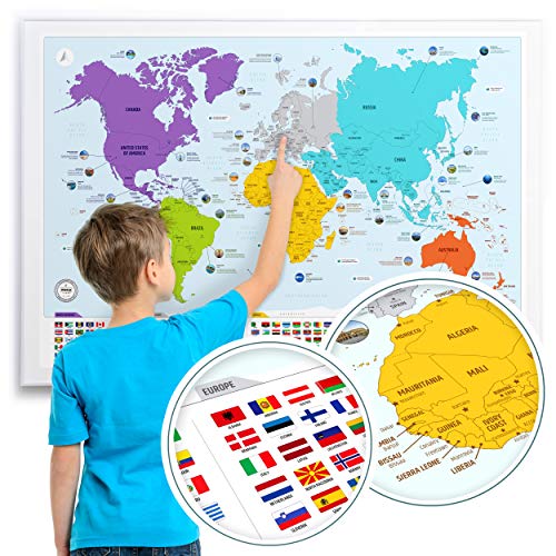 Colorful Educational World Map Poster with Flags & Capitals - 26x38 Inch