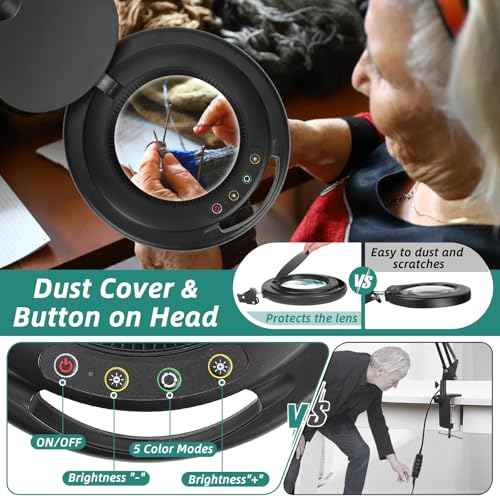 10X Magnifying Glass with Light and Stand, Head Button Control Magnifier Lamp with Dust Cover, 5 Color Modes Dimmable LED Lighted Magnifier with Clamp & Base for Painting Craft Close Work