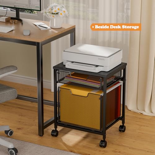 Black Small Rolling File Cabinet Cart with 2 Drawers, Lockable Wheels & Under-Desk Printer Stand