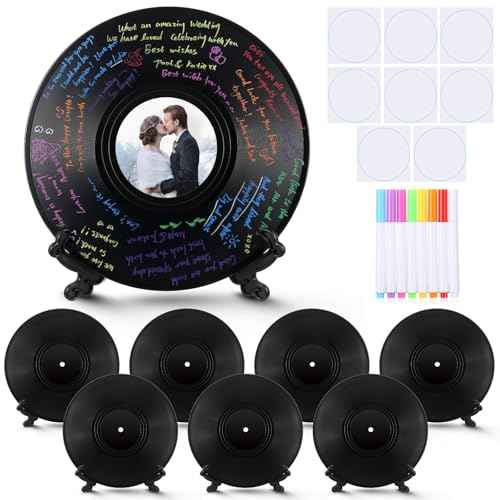 8 Sets Vinyl Wedding Record Guestbooks Alternative 12 Inch DIY Alternative Signature Record Guestbooks with Holders Stickers 8 Color Pens for Wedding Birthday School Halloween Christmas DIY Gifts
