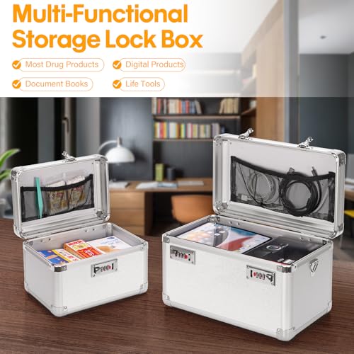 Combination Lock Box - 13.4x7.5x8.3 Inch Large - Security Lock Boxes for Medicine, Locking Storage Box for Personal Items Passports and Documents, Lockable Lockbox for Office Business, Silver