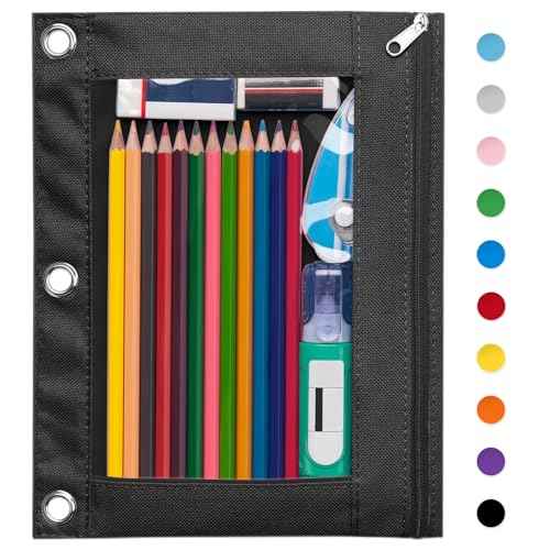 Forvencer Pencil Pouch for 3 Ring Binder, Large Pencil Case Pouch with 3 Reinforced Grommets, Pen Bag, Clear Window Pencil Case, Binder Accessories, Black