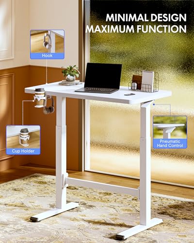 FLEXISPOT H7 Plus White 32-Inch Mobile Pneumatic Standing Desk - Adjustable, No Electricity Needed