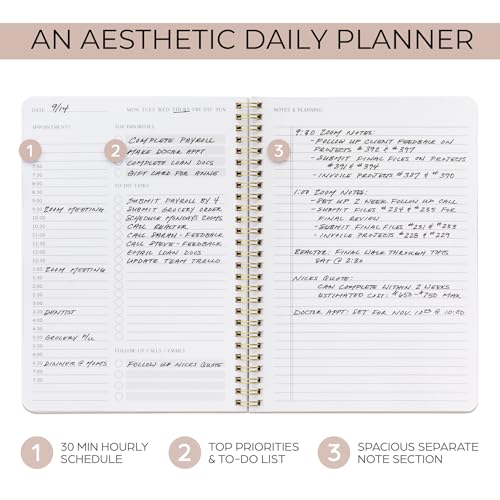 ZICOTO Champagne Pink Daily Planner with Hourly Schedule & Spiral Notebook