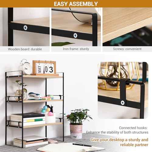 YGYQZ Wood Office Desk Shelf Organizer - Desktop Supplies Cute Dresser Top Organization Storage Rack and Cubicle Decor Aesthetic Bookshelf for Women Man and Kids (Black Wood-Three Tier)