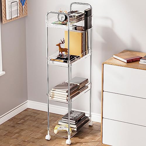 SPACEKEEPER Acrylic Rolling Storage Cart 4 Tier Clear Bathroom Cart Organizer, Transparency Rolling Utility Cart Laundry Room Organization Multifunction Mobile Shelving Unit for Office, Living Room