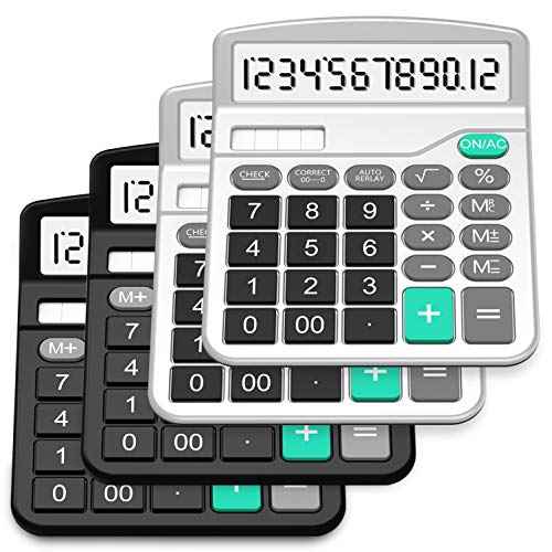 Splaks 4 Pack Standard Functional Desktop Calculator - Solar and AA Battery Dual Power Electronic Calculator with 12-Digit Large Display (2 Basic Black & 2 Updated Silver)