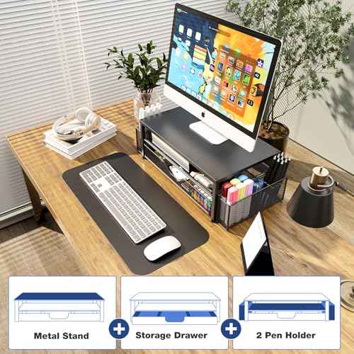 Desk Organizer and Accessories, 2-Tier Computer Monitor Stand Riser with Drawer and 2 Pen Holders, Laptop Stand, Office Desk Accessories for Office Supplies, Black 2-Pack