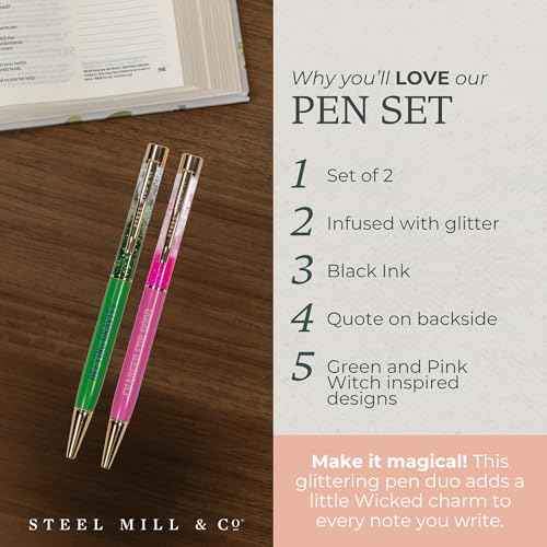 Steel Mill & Co Glitter Bomb Pen Set of 2, Wicked-Inspired Ballpoint Pens with Quotes, Sparkling Pens with Black Ink, Giftable Office Supplies (Pink and Green)