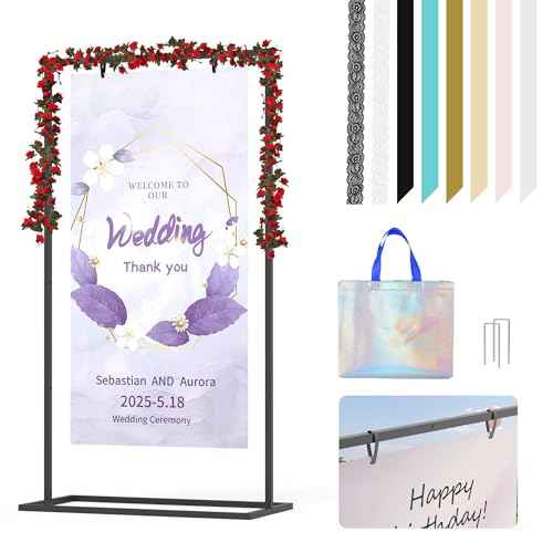 Wedding Sign Stand, Metal Welcome to Our Wedding Sign Stand,Adjustable Wedding Sign Holder with Leather ,Hanging Straps for Hanging,Heavy Duty Easel Stand for Sign Poster Seating Chart