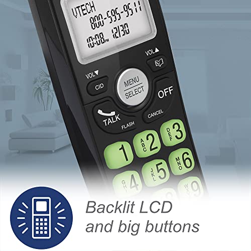 VTech Cordless Phone with DECT 6.0, Full-Duplex Speakerphone, Lighted Display, Backlit Keypad, Caller ID, Volume Control, Hearing Aid Compatible, Wall Mount, Black — Without Answering Machine