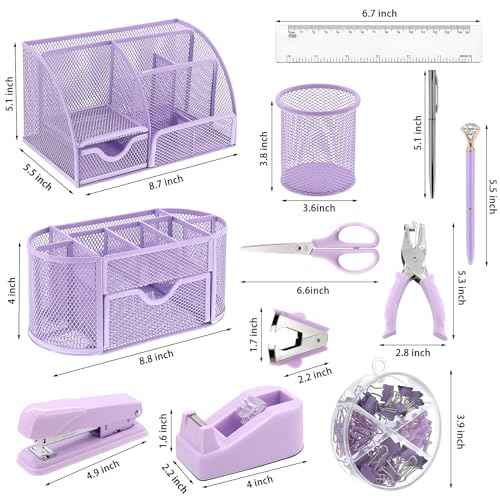 17 in 1 Purple Desk Organizers and Accessories Set, 3 Office Desk Supplies Storage Organization, 4 Pens, Stapler, Staples & Remover, Tape & Dispenser, Scissors, Ruler, Clips, Hole Punch Back to School