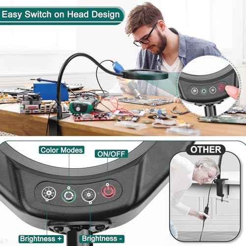 10X Magnifying Glass with Light and Clamp, 5 Inch Real Glass Magnifying Desk Lamp with Stand, Long Gooseneck, 5 Color Modes Lighted Magnifier Hands Free for Crafts Painting Jewelry Close Work