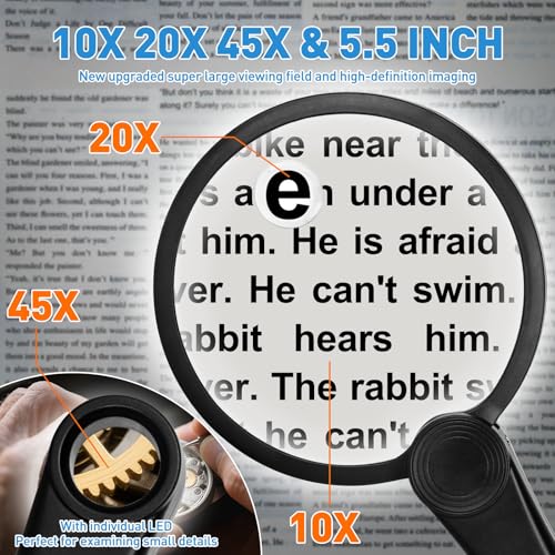 Rechargeable Magnifying Glass with Light 30X 40X 60X - Large 5.2-Inch, Black