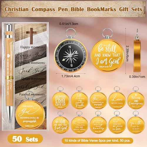Spakon 50 Sets Father's Day Christian Gifts for Men Religious Bamboo Pens Bible Verse Bookmarks Engraved Brass Compass Bible Quotes for Dad Pastors Church Gifts Party Favors