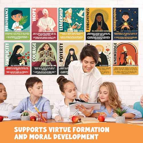 Catholic Saints Posters for Kids - Set of 16 (11x14) Unframed Christian Classroom Decor - Bible Virtues Quotes from Saints - Sunday School & Faith Bulletin Board Decorations