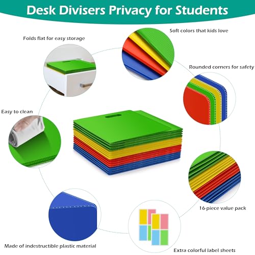 16 Pcs Privacy Folders for Students Waterproof Privacy Shields for Student Desks Divider Easy to Clean Testing Dividers for Classroom Includes Extra Blank Labels