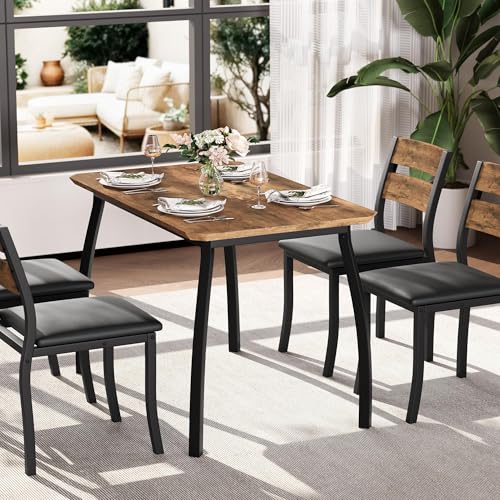 IDEALHOUSE Dining Table Set for 4 - 43in Latte Wood Table & 4 Cushioned PU Leather Chairs, Space-Saving Chamfered Edges, Soft Seat Black Tube Variation Included
