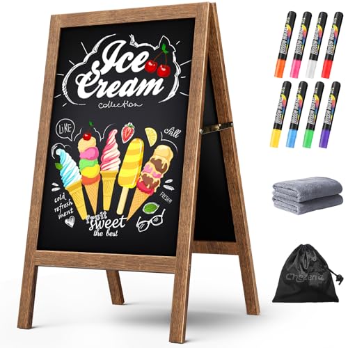A Frame Chalkboard Sign, 40"x20" Extra Large Sidewalk Chalk Board, Wooden Standing ChalkBoards Set with Markers, Double-Sided Magnetic Blackboard for Caf?s, Weddings, Party Guide, Brown