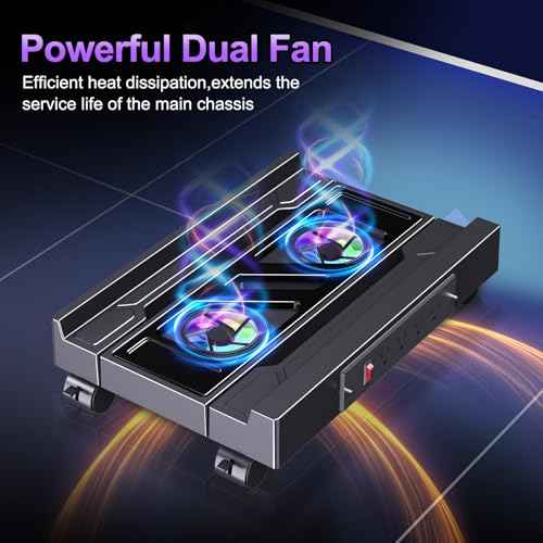 Computer Tower Stand with Charging Station, Cooler Fan and Light, Adjustable PC Stand for Floor, Mobile CPU Stand with 4 Caster Wheels, Under Desk CPU Holder Fits Most PC Tower