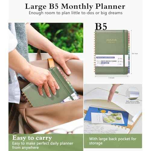 Monthly Planner 2025-2026, 15 Months Hardcover Calendar Planner from October 2025 - December 2026, 7.4'' x 9.6'' Monthly Planner with Tabs, Spiral Daily Planner Perfect for Office School Teacher Student, Green
