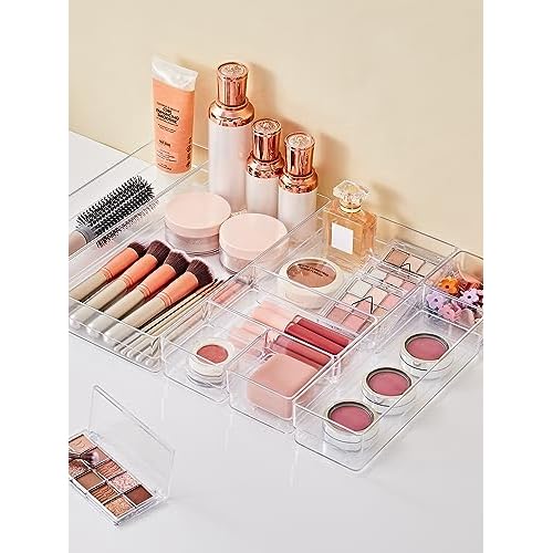 SMARTAKE 30-Piece Drawer Organizer with Non-Slip Silicone Pads, 7-Size Desk Drawer Organizer Trays Storage Tray for Makeup, Jewelries, Utensils in Bedroom Dresser, Office and Kitchen (Clear)