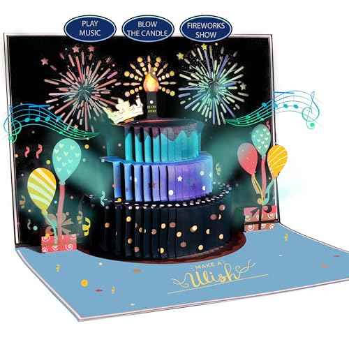 3D Pop Up Happy Birthday Cards for Men ? LED Fireworks & Music with Blow The Candle, Gold Crown, 3D Balloons, Blue Design - Happy Birthday Card for Him - Dad, Husband, Boys & Son (8.27" x 5.27")