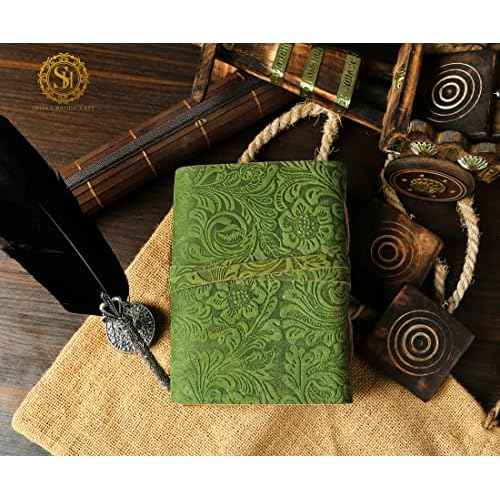 SH SHIFAA HANDICRAFT Leather Journal - Antique Handmade Deckle Edge Vintage Paper Leather Bound Journal - Book of Shadows Journal - Leather Sketchbook - Drawing Journal - Great Gift (Green) (13x10)