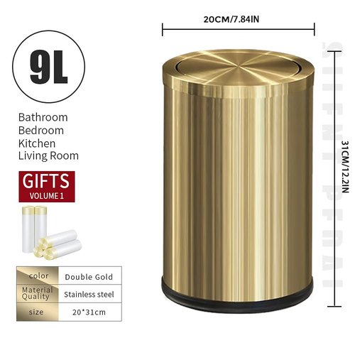 LEASYLIFE Small Trash Can with Flipping Lid，Gold Bathroom Trash can with lid，2.4gallon,Brass Trash can for Bathroom,Laundry，Hotel，Office， Laundry Room ，Metallic Gold (Single)