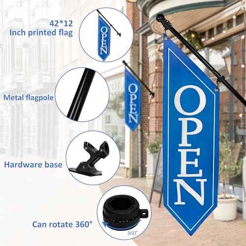 OPEN Flag with Pole Kit - Heavy Duty Canvas Open Banner for Business Storefront, 42x12 Inch Outdoor Double-Sided Sign with Bracket - Advertising Signage for Retail & Shops (White)
