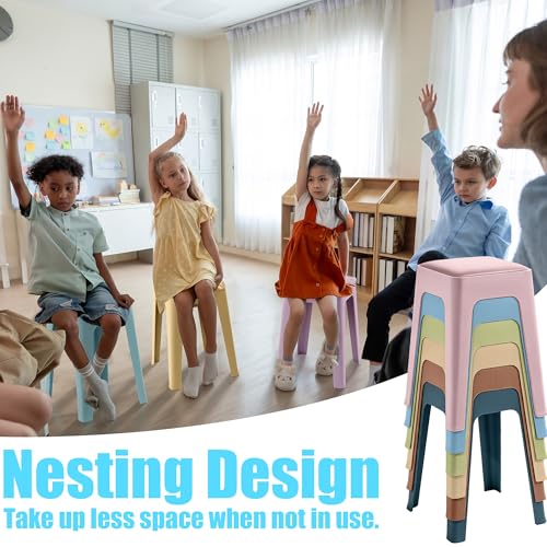 12-Piece Colorful Plastic Classroom Stools with Leather Cushioned Seats, 18 Inch Portable Backless Chairs for School, Office, Home