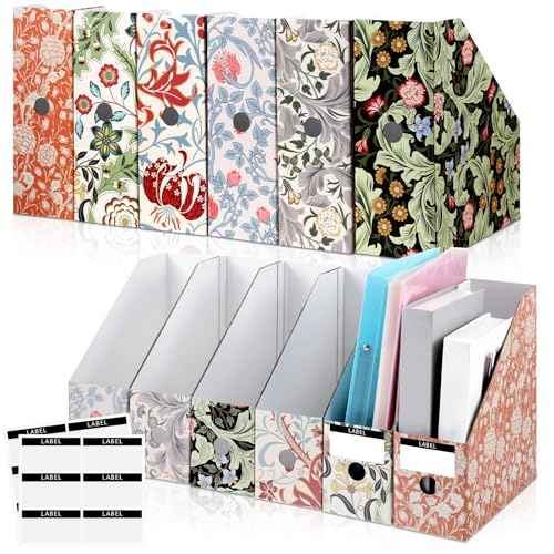PerKoop 12 Pcs Magazine File Holder Foldable Decorative Cardboard File Folders 6 Patterns Floral Colored Magazine Rack with Printable Sticker Labels for School Office Home Desk (Floral)