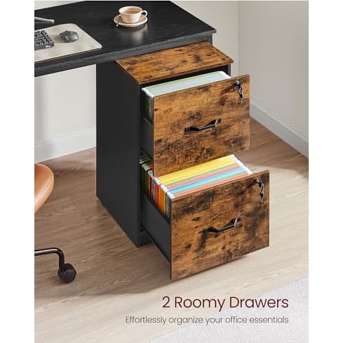 VASAGLE 2 Drawers File Cabinet with Lock, Printer Stand, Office Filing Cabinet Organizer, for A4 and Letter Size Documents, Rustic Brown and Ink Black UOFC061B01