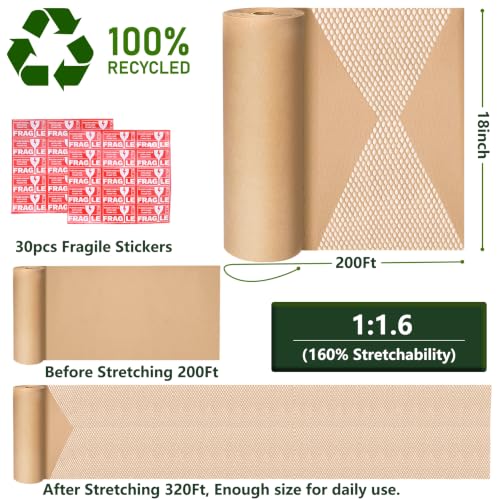 QUALTIPOPER Honeycomb Packing Paper 18in x 200ft Recyclable Kraft Wrap - Stretchable & Eco-Friendly Packing Material