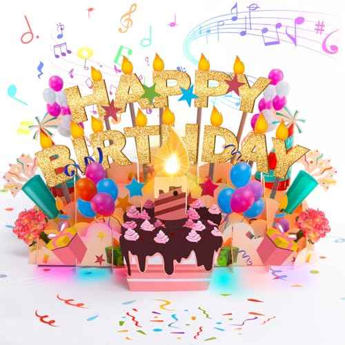 Lupow 3D Pop Up Musical Birthday Cards with Lights & Blowable LED Light Candle ? Interactive Singing Happy Postcards Birthday Decorations Greeting Cards Birthday Cards for Women, Men, Mom, Wife, Husband, Boy, Girl