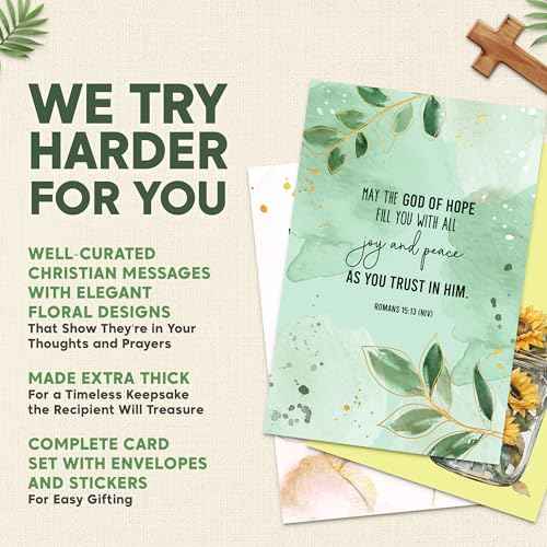 Decorably 24 Pack Gold Foil 4x6in Assorted Christian Thinking of You Cards Religious with Envelopes & Stickers, 24 Floral Designs Religious Thinking of You Cards with Envelopes, Printed Message Inside