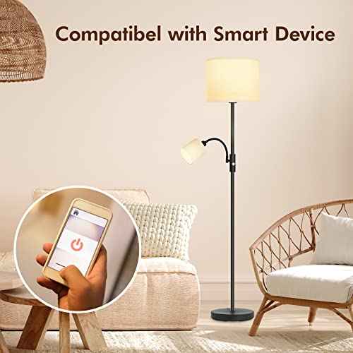 Floor Lamps Standing Lamp, Bright Stand up Lamp with Reading Light, White Lampshade, 62" Tall, 3-Way Rotary Switch, Black Corner Light for Bedroom Office, Modern Living Room Decor(LED Bulbs Included)