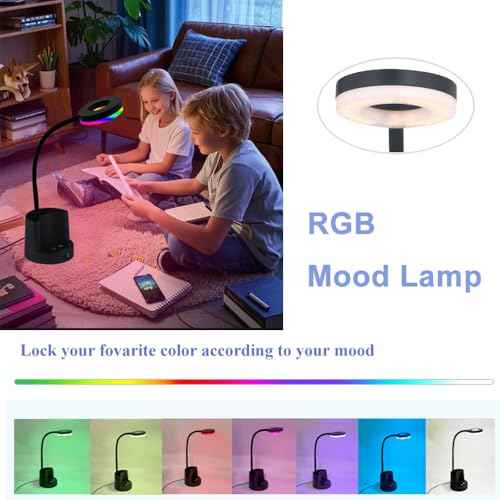 HomeFocus LED Desk Lamp, Eye-Caring Dimmable Reading Light with USB Charging Port & RGB Mood Light, Office Desk Lamp with Pen Holder for Home Office, Bedroom, Study (Black)