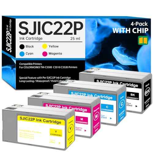 SJIC22P Ink Cartridge (with New Chip) Replacement for SJIC22P C33S020577 C33S020581 C33S020582 C33S020583 Ink for ColorWorks TM-C3500 TM-C3510 TM-C3520 Printer Ink, 4-Pack TM-C3500 Ink Refill