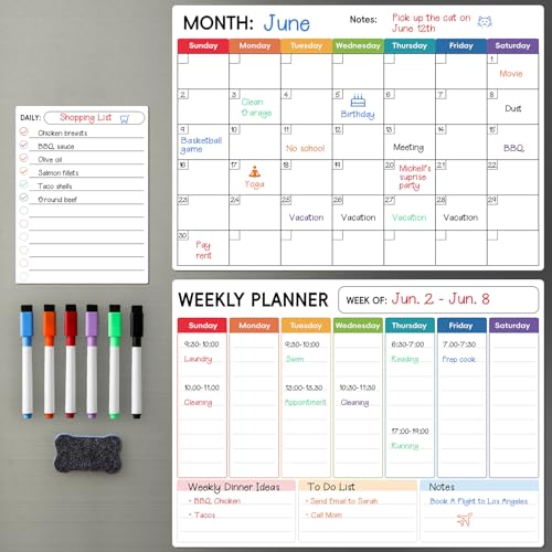 3 Pack Dry Erase Magnetic Calendar for Refrigerator - Monthly, Weekly, Daily Calendar With 6 Markers - Magnet Fridge Whiteboard for Reminder, Menu Meal Planner, Shopping, To Do List - Style 1
