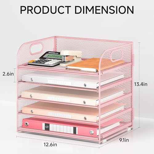 5 Tray Paper Organizer Letter Tray with Handle - Mesh Desk File Organizer, Paper Sorter Organizer for Office, Home or School File Folder Holder - Pink
