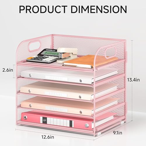Lavatino 5-Tier Pink Mesh Letter Tray Organizer with Handles - Desktop File Storage