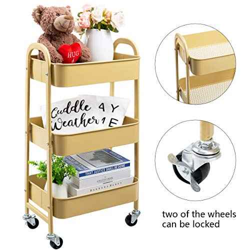 AGTEK Makeup Cart, Movable Rolling Organizer Cart, Khaki Yellow 3 Tier Metal Utility Cart