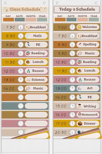 White 15+1 Pockets Daily Schedule Pocket Chart with 24 Double-Sided Cards - Boho Classroom Organizer for Teachers