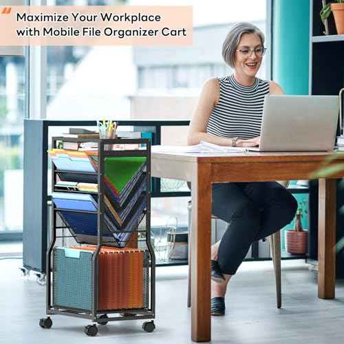 8 Tier Rolling File Cart with Hanging File Folder Organizer, Mobile File Organizer with 2 Sides Access Bookcase, Beside/Under Desk Cart with Wheels for Office Home School