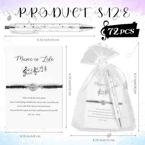 72 Sets Music Gift for Women Men Black Music Bracelet Musical Note Ballpoint Pens with Organza Bags Information Card Music Themed Gifts for Music Lovers Band Choir Teacher Grad Music Party Favor
