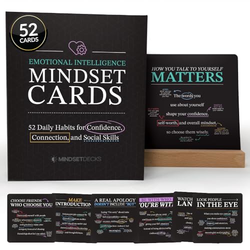 Emotional Intelligence Mindset Cards – 52 Daily Habits for Confidence & Connection – Includes Wooden Display Stand – For Kids, Teens & Adults – Standard Variation