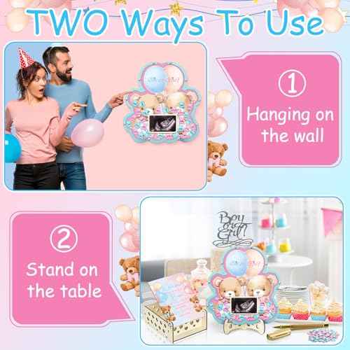 Wenqik 63 Bear Gender Reveal Baby Shower Guest Book Alternatives Set Baby Shower Decorations with Photo Frame Sonogram Frame Keepsake 60 Wood Slices Guest Book for Birthday
