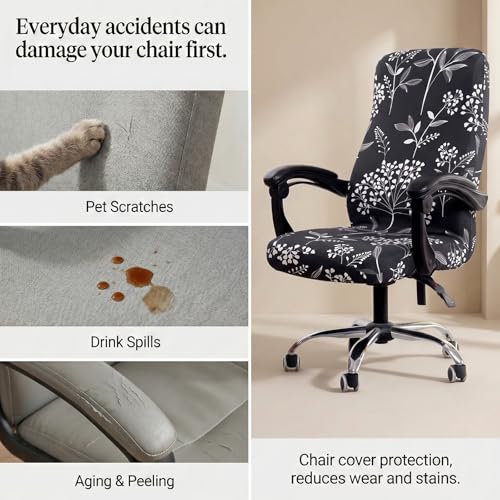 WOMACO Floral Print Office Chair Cover, Black Tree Large - Stretch Slipcover